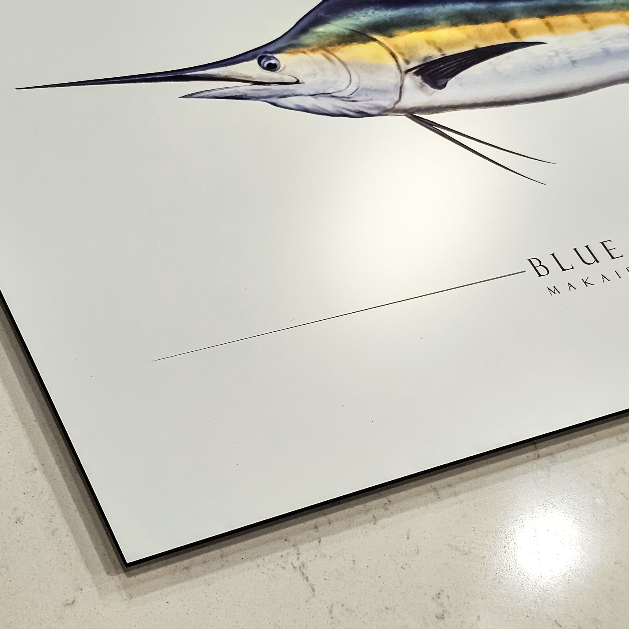 Framed artwork of a marlin on a white background
